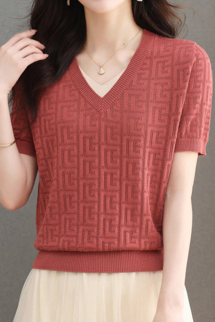 Color-blocked Knitted V-neck T-shirt - liwisi