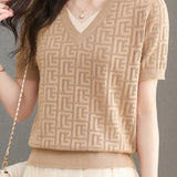 Color-blocked Knitted V-neck T-shirt - liwisi