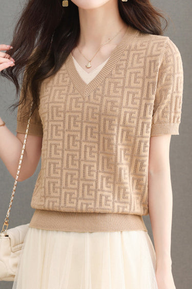Color-blocked Knitted V-neck T-shirt - liwisi