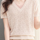 Color-blocked Knitted V-neck T-shirt - liwisi