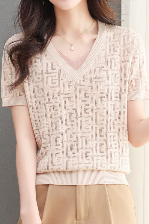 Color-blocked Knitted V-neck T-shirt - liwisi