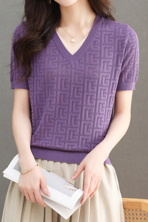 Color-blocked Knitted V-neck T-shirt - liwisi
