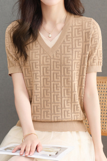 Color-blocked Knitted V-neck T-shirt - liwisi