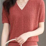 Color-blocked Knitted V-neck T-shirt - liwisi