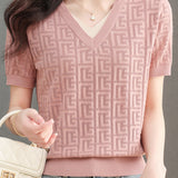 Color-blocked Knitted V-neck T-shirt - liwisi