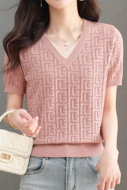 Color-blocked Knitted V-neck T-shirt - liwisi