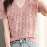 Color-blocked Knitted V-neck T-shirt - liwisi