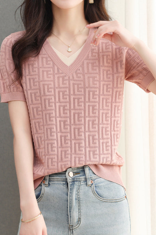 Color-blocked Knitted V-neck T-shirt - liwisi