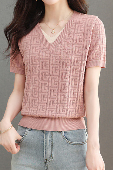 Color-blocked Knitted V-neck T-shirt - liwisi