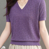 Color-blocked Knitted V-neck T-shirt - liwisi