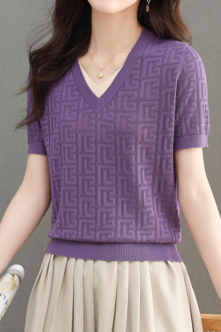 Color-blocked Knitted V-neck T-shirt - liwisi