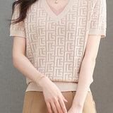 Color-blocked Knitted V-neck T-shirt - liwisi