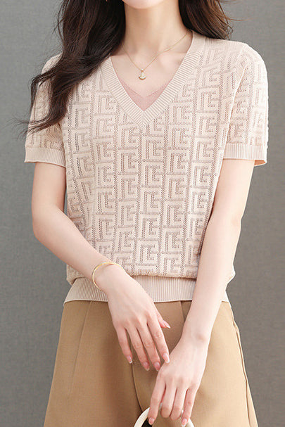 Color-blocked Knitted V-neck T-shirt - liwisi