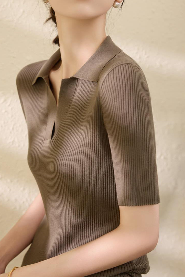 Slim-fit Knitted V-neck Short Sleeve Shirt - liwisi