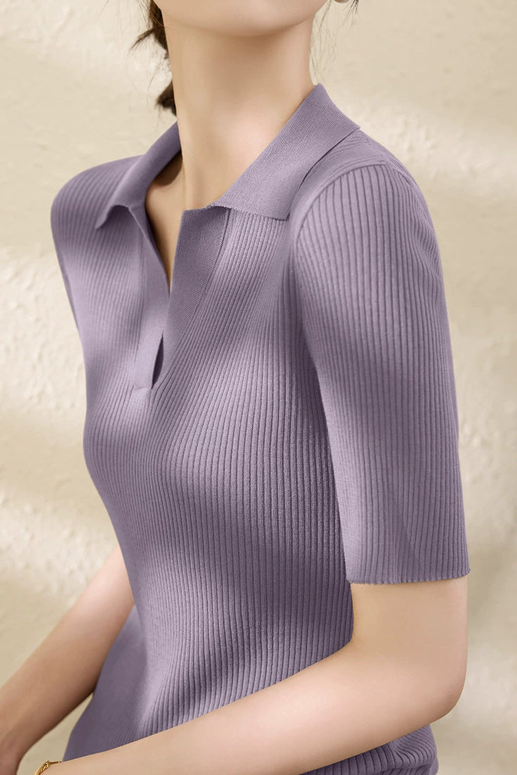 Slim-fit Knitted V-neck Short Sleeve Shirt - liwisi