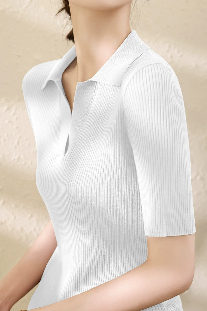 Slim-fit Knitted V-neck Short Sleeve Shirt - liwisi