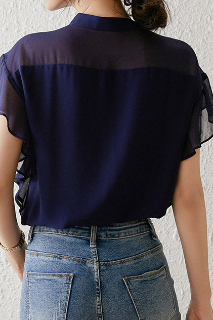 Solid-color Round-neck Ruffled Shirt - liwisi