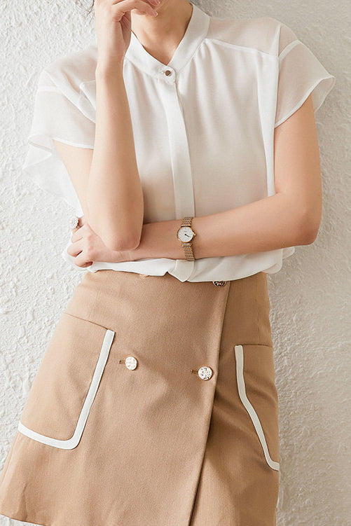 Solid-color Round-neck Ruffled Shirt - liwisi
