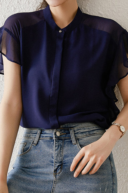 Solid-color Round-neck Ruffled Shirt - liwisi