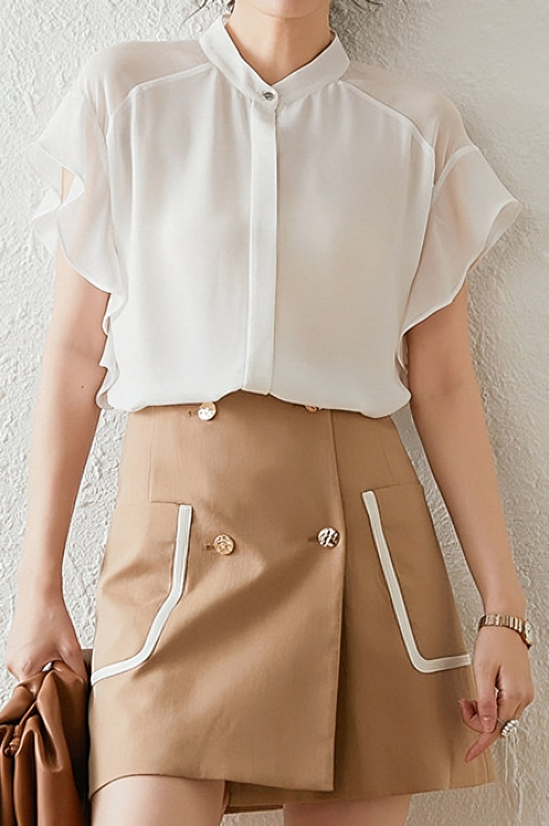 Solid-color Round-neck Ruffled Shirt - liwisi
