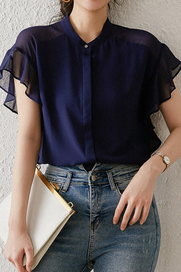 Solid-color Round-neck Ruffled Shirt - liwisi