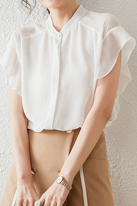 Solid-color Round-neck Ruffled Shirt - liwisi