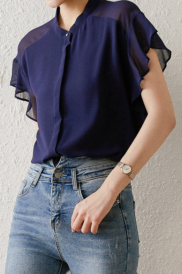 Solid-color Round-neck Ruffled Shirt - liwisi