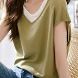 Fake Two-piece Color-blocked V-neck T-shirt - liwisi