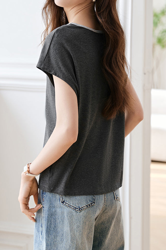 Fake Two-piece Color-blocked V-neck T-shirt - liwisi