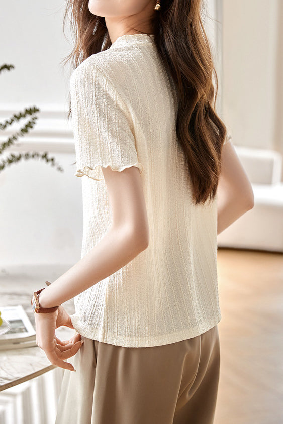 V-neck Textured Fabric T-shirt - liwisi