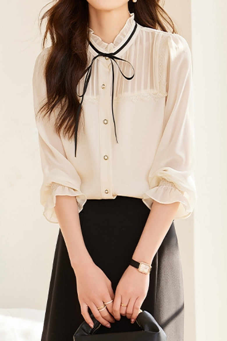 Laced and Lace Trimmed Spliced Shirt - liwisi