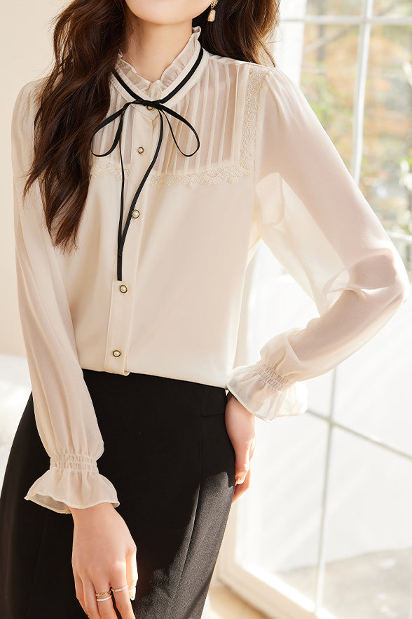 Laced and Lace Trimmed Spliced Shirt - liwisi