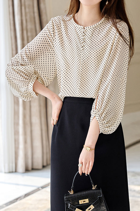 Casual Shirt with Round Neck and Polka Dots - liwisi