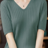 Solid Color V-neck Knitted T-shirt - liwisi