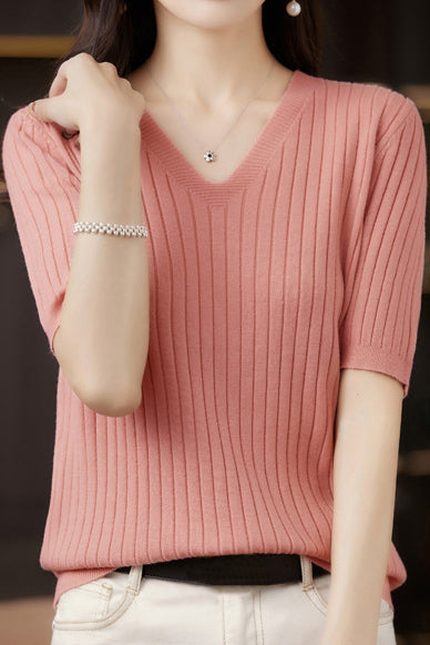 Solid Color V-neck Knitted T-shirt - liwisi