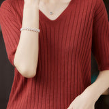 Solid Color V-neck Knitted T-shirt - liwisi