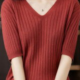 Solid Color V-neck Knitted T-shirt - liwisi