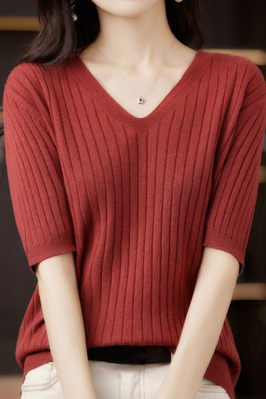 Solid Color V-neck Knitted T-shirt - liwisi