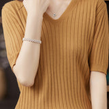 Solid Color V-neck Knitted T-shirt - liwisi