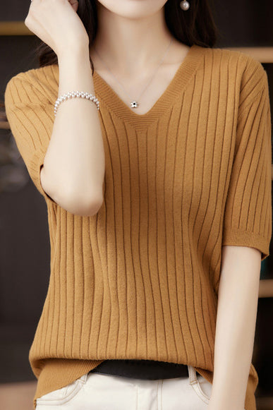 Solid Color V-neck Knitted T-shirt - liwisi