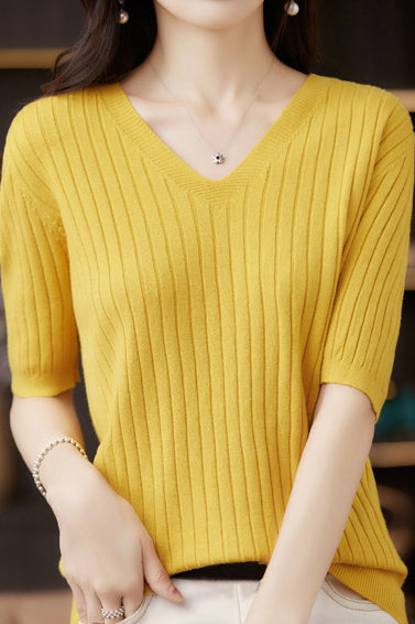 Solid Color V-neck Knitted T-shirt - liwisi