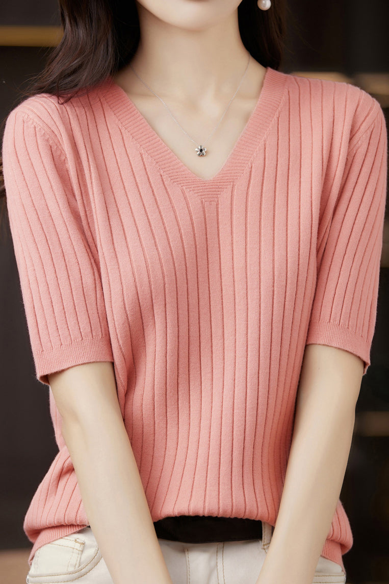 Solid Color V-neck Knitted T-shirt - liwisi