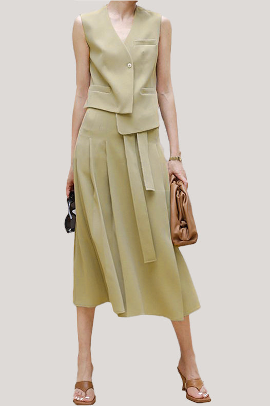 Commuting Simple Waistcoat and Midi Skirt Set - liwisi