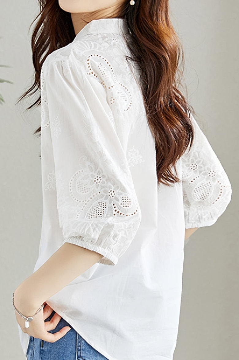 Embroidered and Hollowed Solid-color Shirt - liwisi