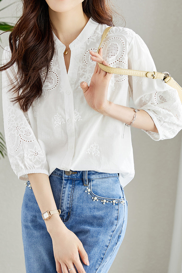 Embroidered and Hollowed Solid-color Shirt - liwisi