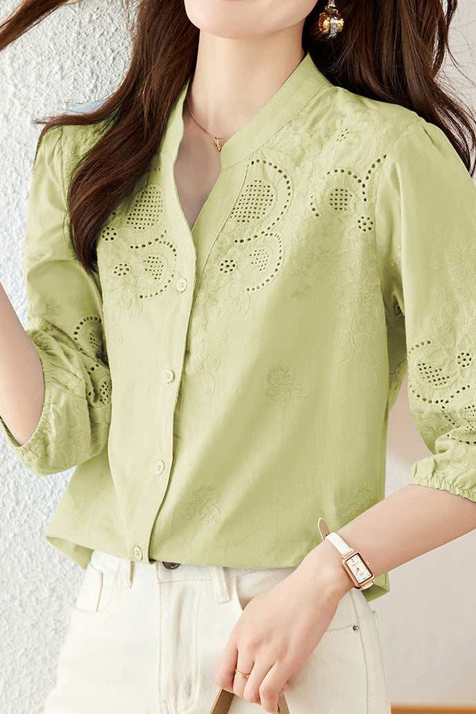 Embroidered and Hollowed Solid-color Shirt - liwisi