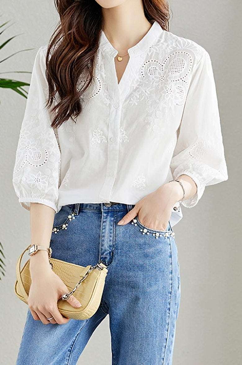 Embroidered and Hollowed Solid-color Shirt - liwisi