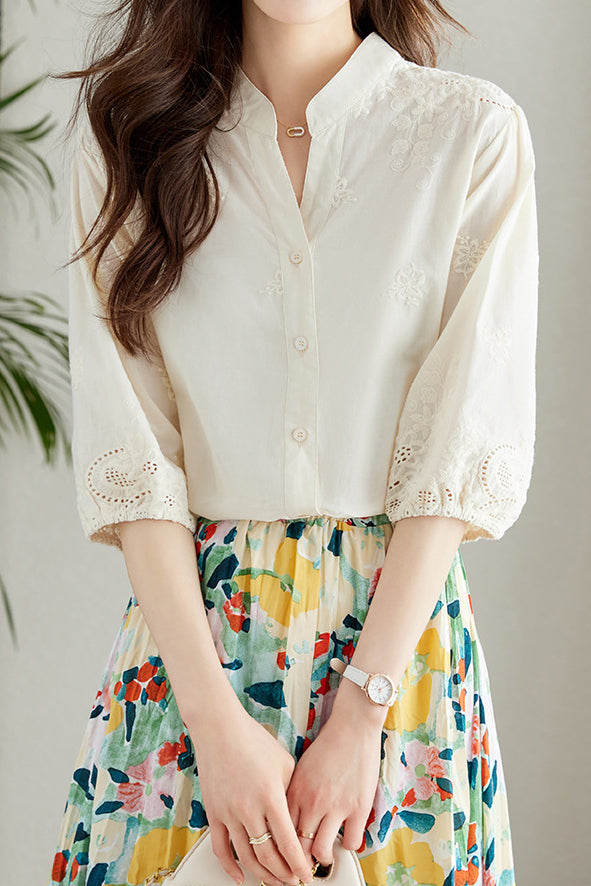 Embroidered and Hollowed Solid-color Shirt - liwisi