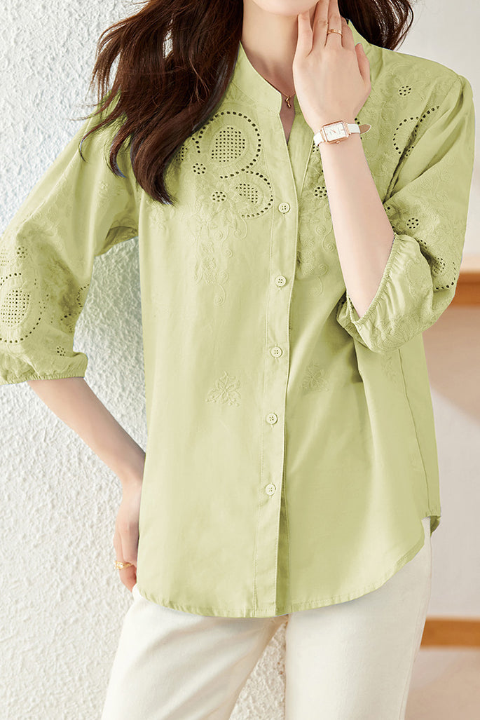 Embroidered and Hollowed Solid-color Shirt - liwisi