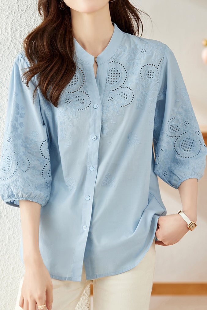 Embroidered and Hollowed Solid-color Shirt - liwisi